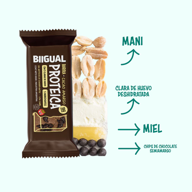 BARRA PROTEICA NATURAL SABOR CACAO AMARGO- BIIGUAL - Imagen 3