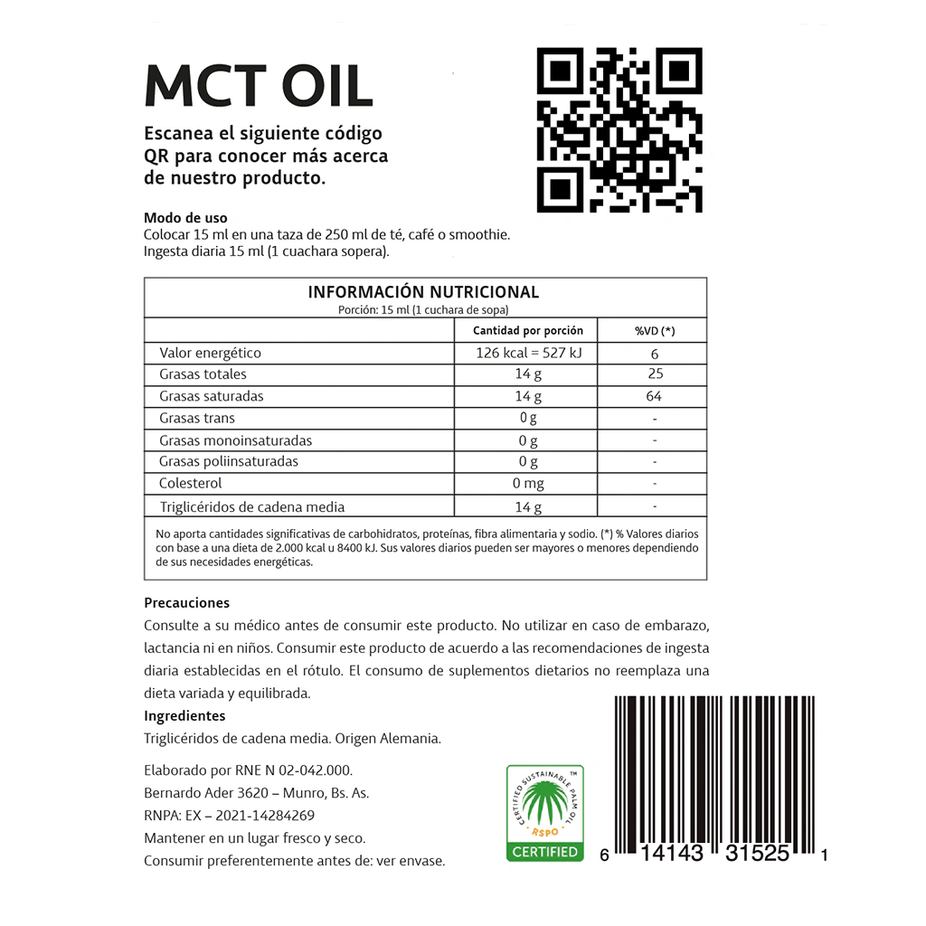 MCT OIL 100% PURO (C8 + C10) 250ML - Imagen 3
